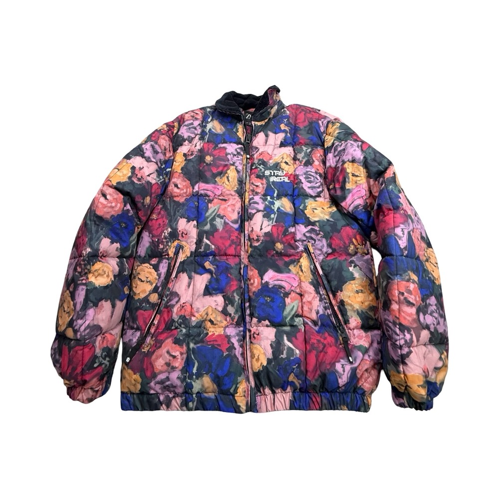 Zara Puffer Jacket Mens M Multicolor Floral Print Stay Real Padded Coat Boho
